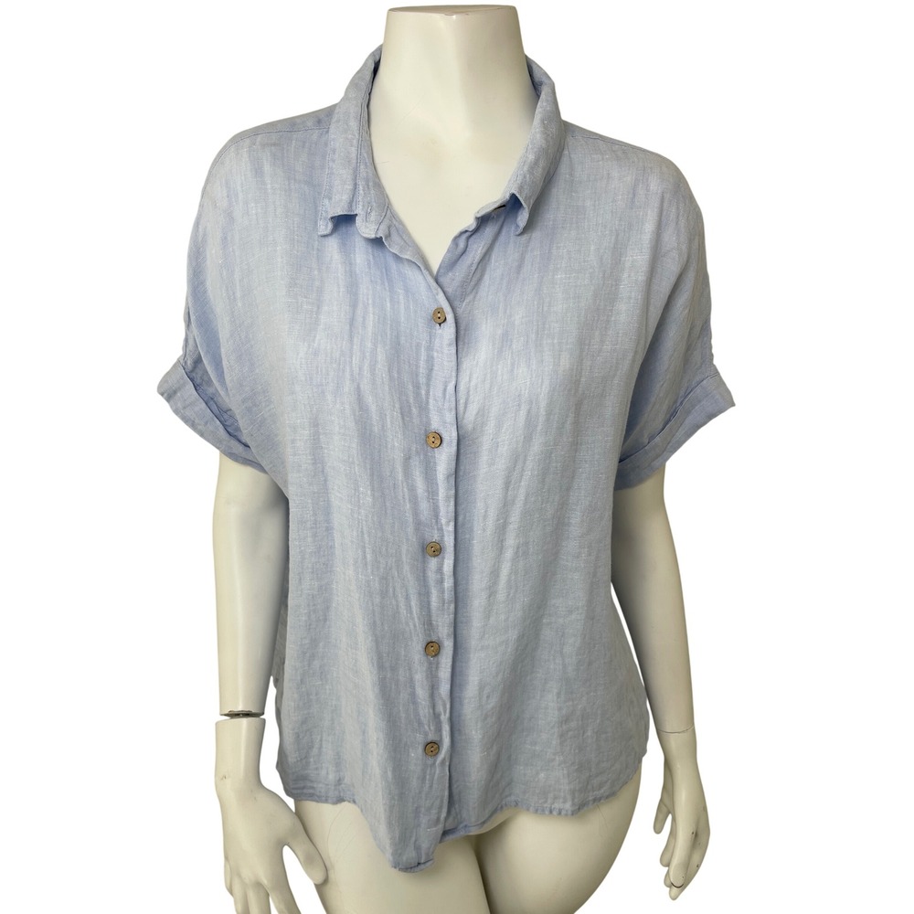 Rachel Rachel Roy Womens XL Light Blue 100% Linen Boxy Button Down Shirt